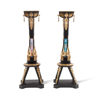 View full screen - View 1 of Lot 245. A pair of Neo-Grec pearwood, ebony, brass, porcelain and gilt-bronze pedestals, by Charles-Guillaume Diehl, Paris, circa 1867 | Paire de gaines porte-lumières de style néo-grec en poirier, ébène laiton, porcelaine et bronze doré, par Charles-Guillaume Diehl, Paris, vers 1867.