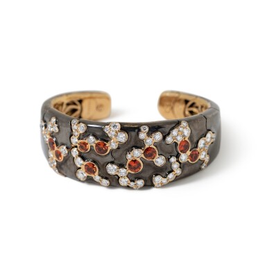 View full screen - View 1 of Lot 40. Marina B | Gold, Orange Sapphire and Diamond 'Fuji Yama' Cuff-Bracelet.