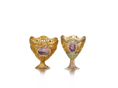 View full screen - View 1 of Lot 159. TWO TWO-COLOUR GOLD, GILT AND ENAMELLED OPENWORK ZARFS, SWITZERLAND FOR THE OTTOMAN MARKET, EARLY 19TH CENTURY.