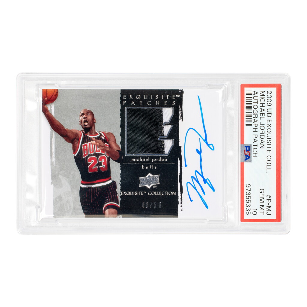 View full screen - View 1 of Lot 4. Michael Jordan Chicago Bulls 2009-10 Upper Deck Exquisite Collection Autograph Patch 40/50 #P-MJ PSA 10 | Game-Used Patch | On-Card Autograph.