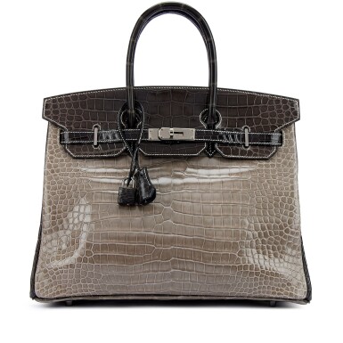 View full screen - View 1 of Lot 9624. Gris Tourterelle, Graphite and Black Shiny Porosus Crocodile HSS Birkin 35 Ruthenium Hardware, 2010.
