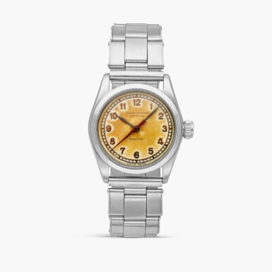View full screen - View 1 of Lot 2352. Oyster Royal "Red Hand", Reference 2280 | A stainless steel wristwatch with tropical dial, Retailed by Mappin, Circa 1939.