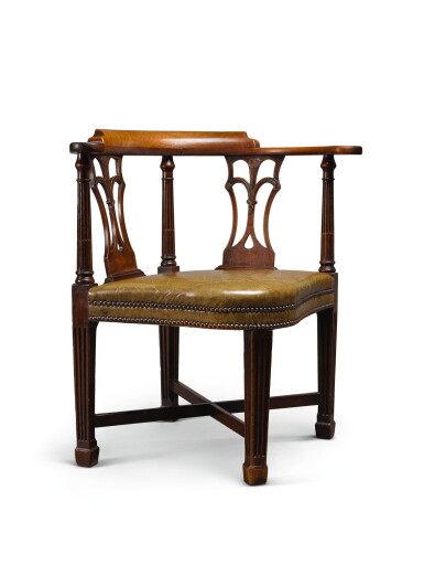 View full screen - View 1 of Lot 49. A GEORGE III MAHOGANY CORNER ARMCHAIR, LATE 18TH CENTURY.