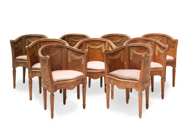 View full screen - View 1 of Lot 108. A SET OF EIGHT PARCEL-PAINTED WOOD ARMCHAIRS, LOUIS XVI STYLE, CREATED UNDER THE DIRECTION OF ELSIE DE WOLFE (1865-1950), CIRCA 1940, FOR MONTROSE NAST | SUITE DE HUIT FAUTEUILS EN BOIS MOULURÉ ET RECHAMPI DE STYLE LOUIS XVI EXÉCUTÉS SOUS LA DIRECTION D'ELSIE DE WOLFE, VERS 1940, POUR MONTROSE NAST.