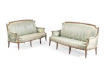 A pair of Louis XVI cream lacquered wood, by Adrien Dupain | Paire de canapés en bois laqué crème et rechampi or d'époque Louis XVI, par Adrien Dupain
