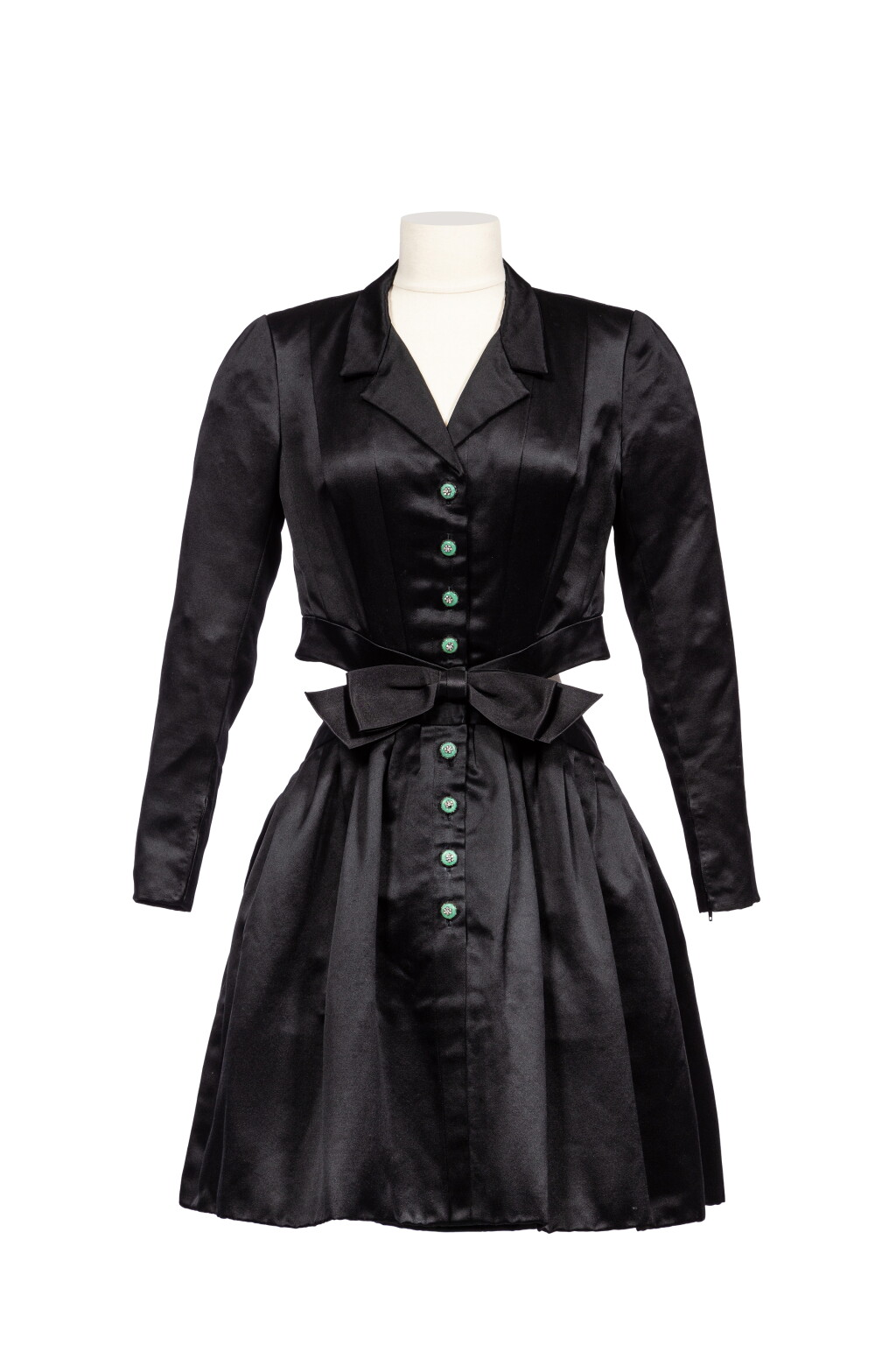 View full screen - View 1 of Lot 73. By Karl Lagerfeld Haute Couture Black Satin Cutout Blazer Dress, Spring 1995.