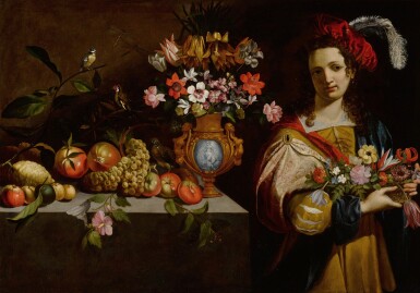 View full screen - View 1 of Lot 330. Still life with fruits, a vase, birds and a youth with flower basket.