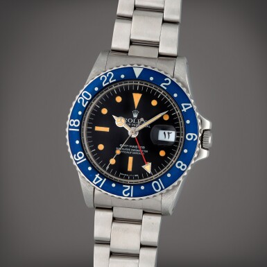 View full screen - View 1 of Lot 49. GMT-Master 'Blueberry', Reference 1675 | A stainless steel dual time zone wristwatch with arabic date and bracelet | Circa 1978 | 勞力士 | GMT-Master 'Blueberry' 型號1675 | 精鋼兩地時間鏈帶腕錶備阿拉伯文日期顯示,製作年份約1978.