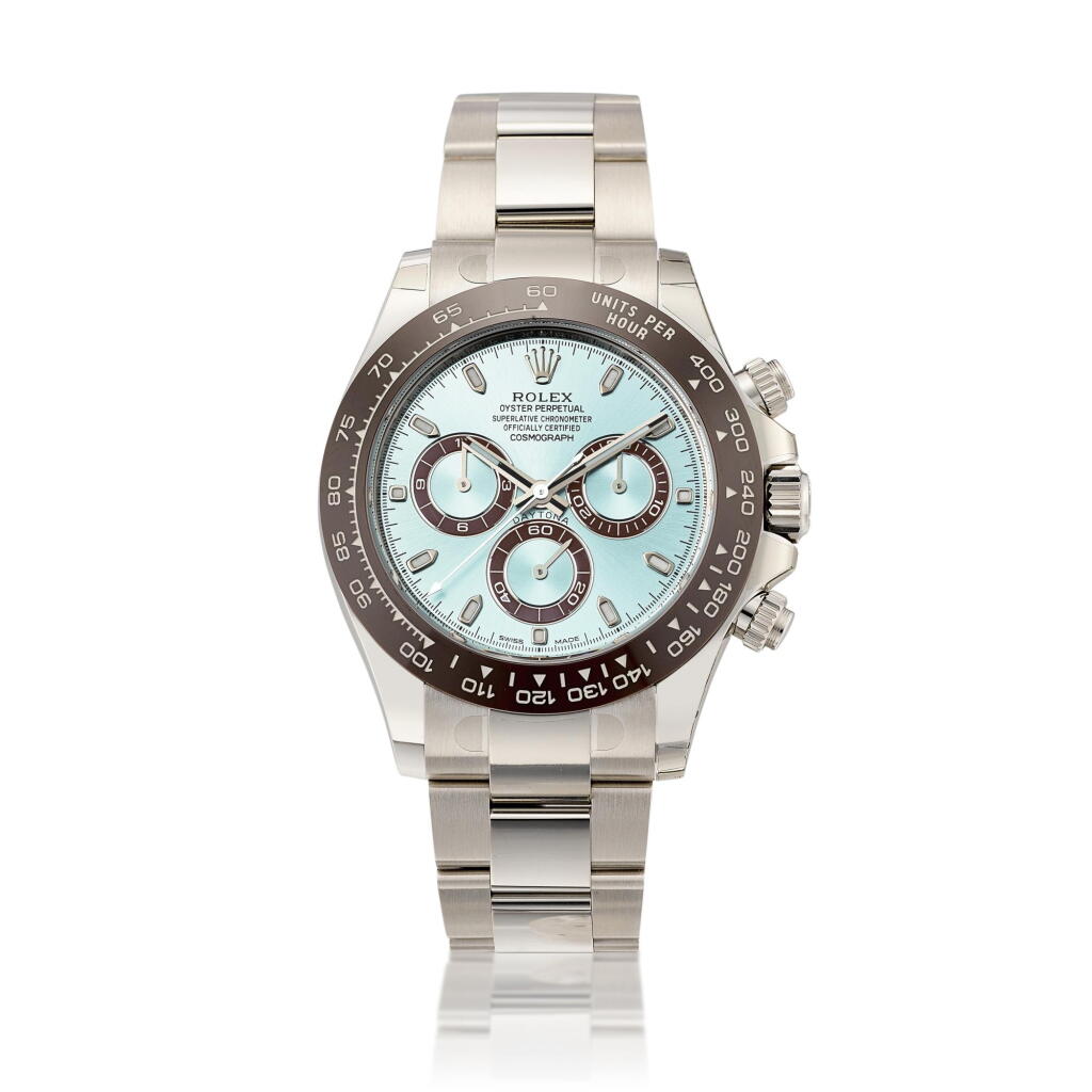 View full screen - View 1 of Lot 2193. Cosmograph Daytona, Reference 116516 | A brand new platinum chronograph wristwatch with bracelet, Circa 2019 | 勞力士 | Cosmograph Daytona 型號116516 | 全新鉑金計時鏈帶腕錶,約2019年製.