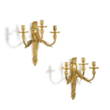 View full screen - View 1 of Lot 85. A pair of Louis XVI gilt-bronze three-light wall appliques, circa 1770.