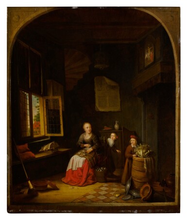 View full screen - View 1 of Lot 362. Interior of a kitchen with a seated woman peeling onions, a child hiding behind her, and a child holding a cabbage on a barrel.