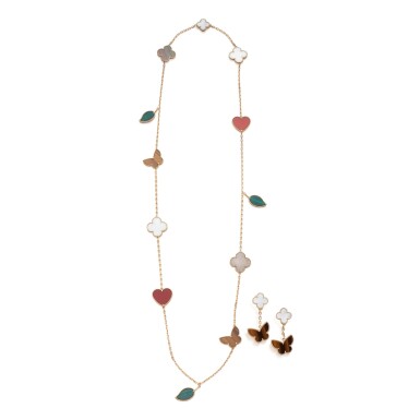 View full screen - View 1 of Lot 1. Van Cleef & Arpels | Gold and Hardstone 'Lucky Alhambra' Necklace and Earclips.