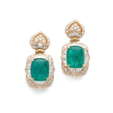 View full screen - View 1 of Lot 296. Pair of emerald and diamond earrings | 寶格麗 | 祖母綠配鑽石耳環一對.