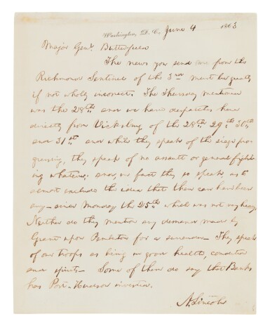 View full screen - View 1 of Lot 507. Lincoln, Abraham | The President refutes rebel press propaganda about the siege of Vicksburg.