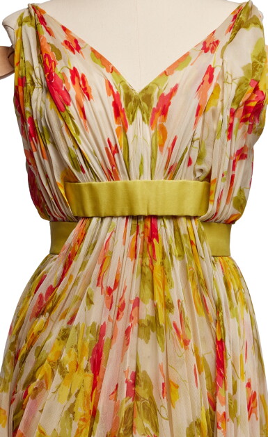 View full screen - View 1 of Lot 53. Haute Couture Nasturtium Printed Chiffon Evening Gown, 1950s.