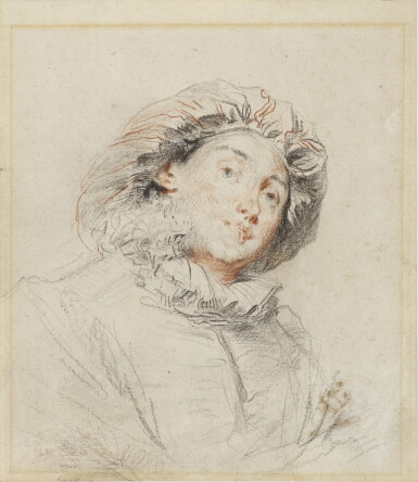 View full screen - View 1 of Lot 204. Recto: Head of a Commedia dell'Arte actor, bust length, in ruff and cap; Verso: Small sketch of a Nun's head.