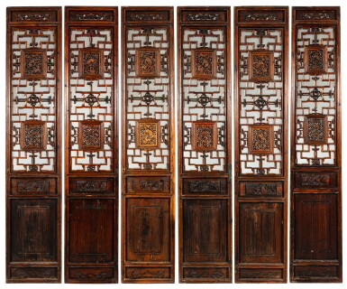 View full screen - View 1 of Lot 116. A set of six carved wood decorative panels, Southern China or Southeast Asia, 20th century.