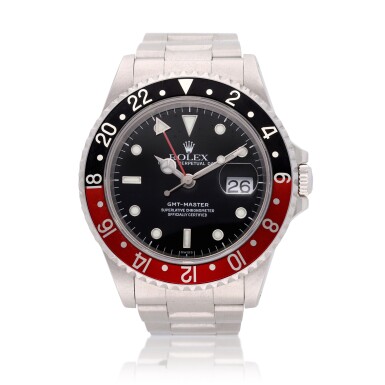 View full screen - View 1 of Lot 246. Reference 16700 GMT-Master 'Coke' | A stainless steel dual time wristwatch with date and bracelet, Circa 1998.