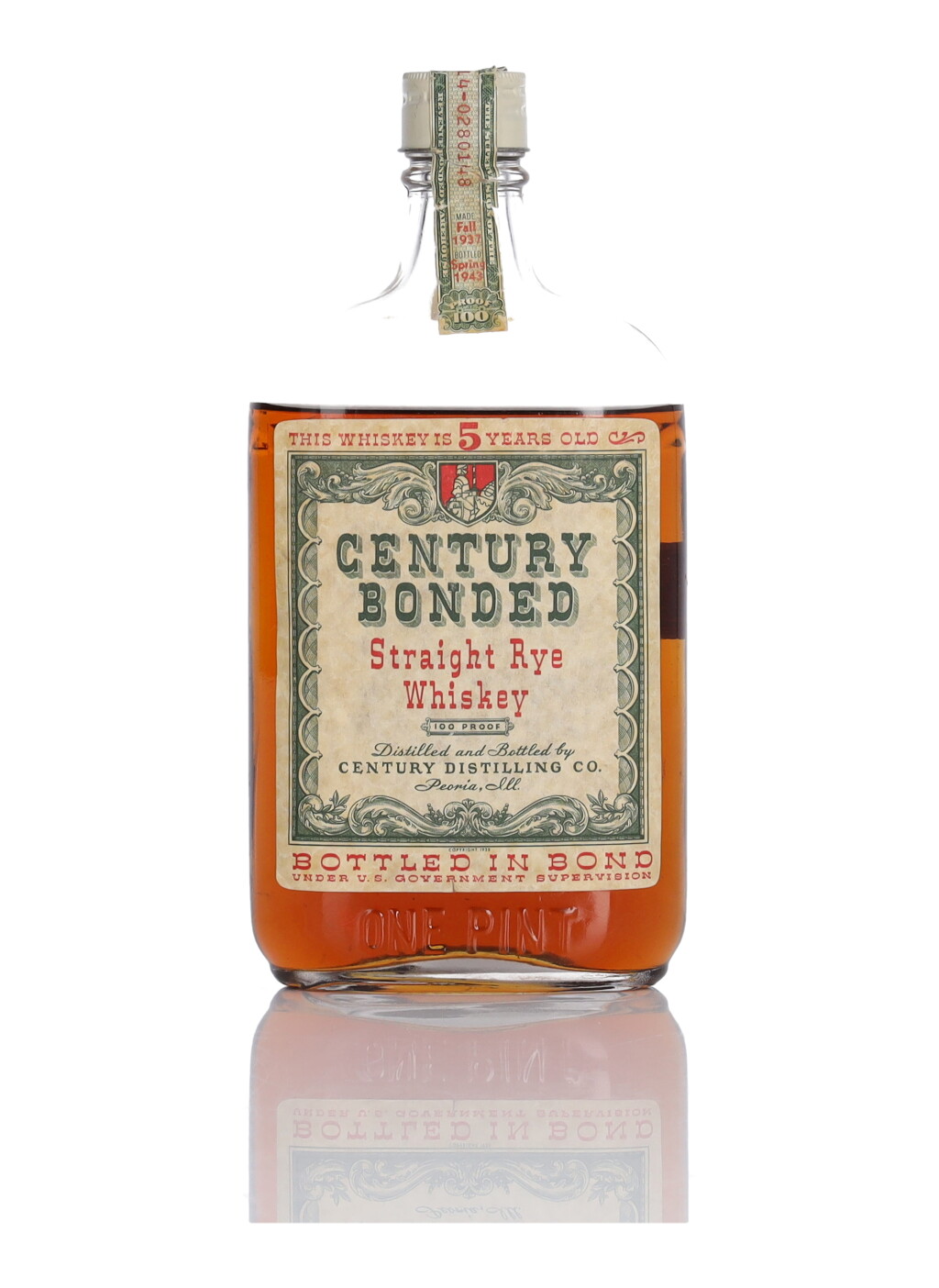 View full screen - View 1 of Lot 170. Century Bonded 5 Year Old Straight Rye 100 Proof 1937 (1 Pint).