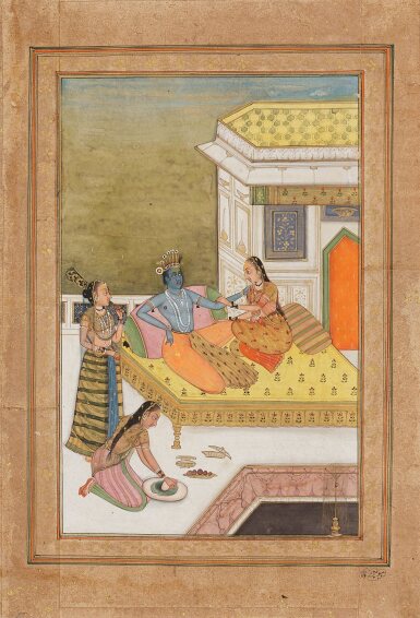 View full screen - View 1 of Lot 201. An illustration of Krishna on his throne bed, Bikaner, circa 1720 - 1750.