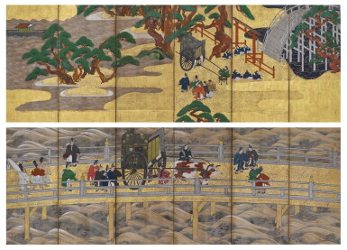 View full screen - View 1 of Lot 2148. Anonymous, Chapters Fourteen and Sixteen from the Tale of Genji (Genji monogatari), Sealed I’nen, Edo period, 17th century |源氏物語図屏風 伊年印 江戸時代前期 17世紀中頃.