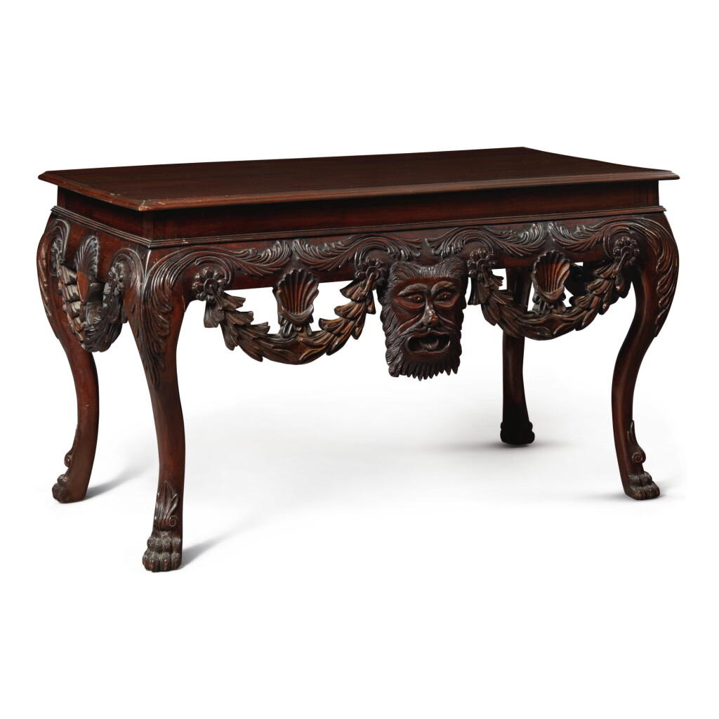 View full screen - View 1 of Lot 894. A PAIR OF IRISH GEORGE II STYLE MAHOGANY CONSOLE TABLES BY GOSTIN OF LIVERPOOL, 20TH CENTURY.
