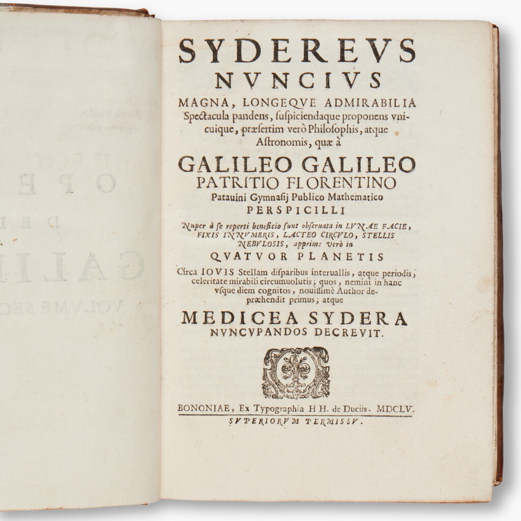 View full screen - View 1 of Lot 65. Galilei, Galileo | Opere: in questa nuova editione insieme raccolte …, Bologna, 1655–1656, first collected edition, contemporary marbled calf.