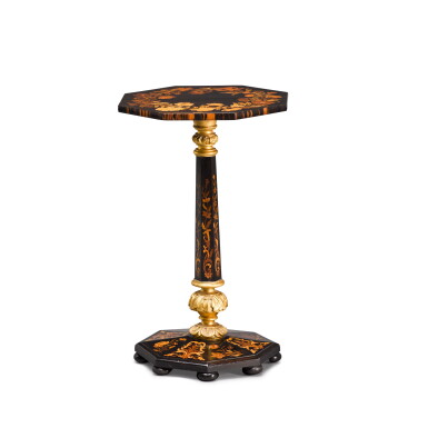 View full screen - View 1 of Lot 24. A FRENCH PARCEL-GILT, EBONY AND FLORAL MARQUETRY OCTAGONAL OCCASIONAL TABLE, IN THE LOUIS XIV MANNER, SECOND HALF OF 19TH CENTURY.