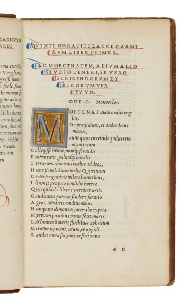 View full screen - View 1 of Lot 779. Horatius Flaccus, Horatius, Venice, Aldo, 1501, eighteenth-century tan calf, illuminated and rubricated .