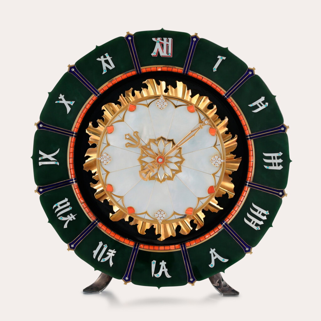 View full screen - View 1 of Lot 112. A magnificent gold, silver, silver-gilt, nephrite, mother-of-pearl, coral, enamel and diamond-set 8-day Chinoiserie timepiece | Nos. 02327, 01906, 772 | Circa 1980.
