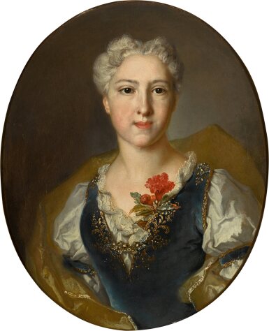 View full screen - View 1 of Lot 331. Portrait of Marie-Thérèse Pommyer (born circa 1705), bust-length, wearing a blue velvet dress and white chemise, with a yellow wrap.