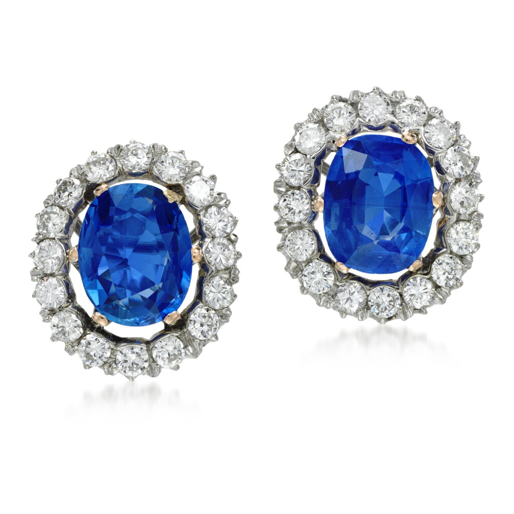View full screen - View 1 of Lot 136. Pair of sapphire and diamond earrings.