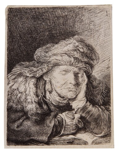 View full screen - View 1 of Lot 82. Old Woman Sleeping (B., Holl. 350; New Holl. 160; H. 129).