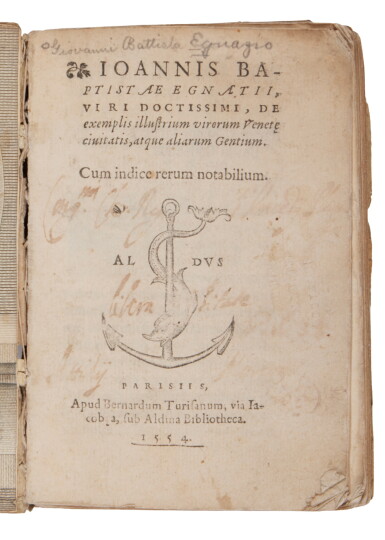 View full screen - View 1 of Lot 698. Egnazio, De exemplis, Paris, Ménier for Torresano, 1554, contemporary limp vellum.