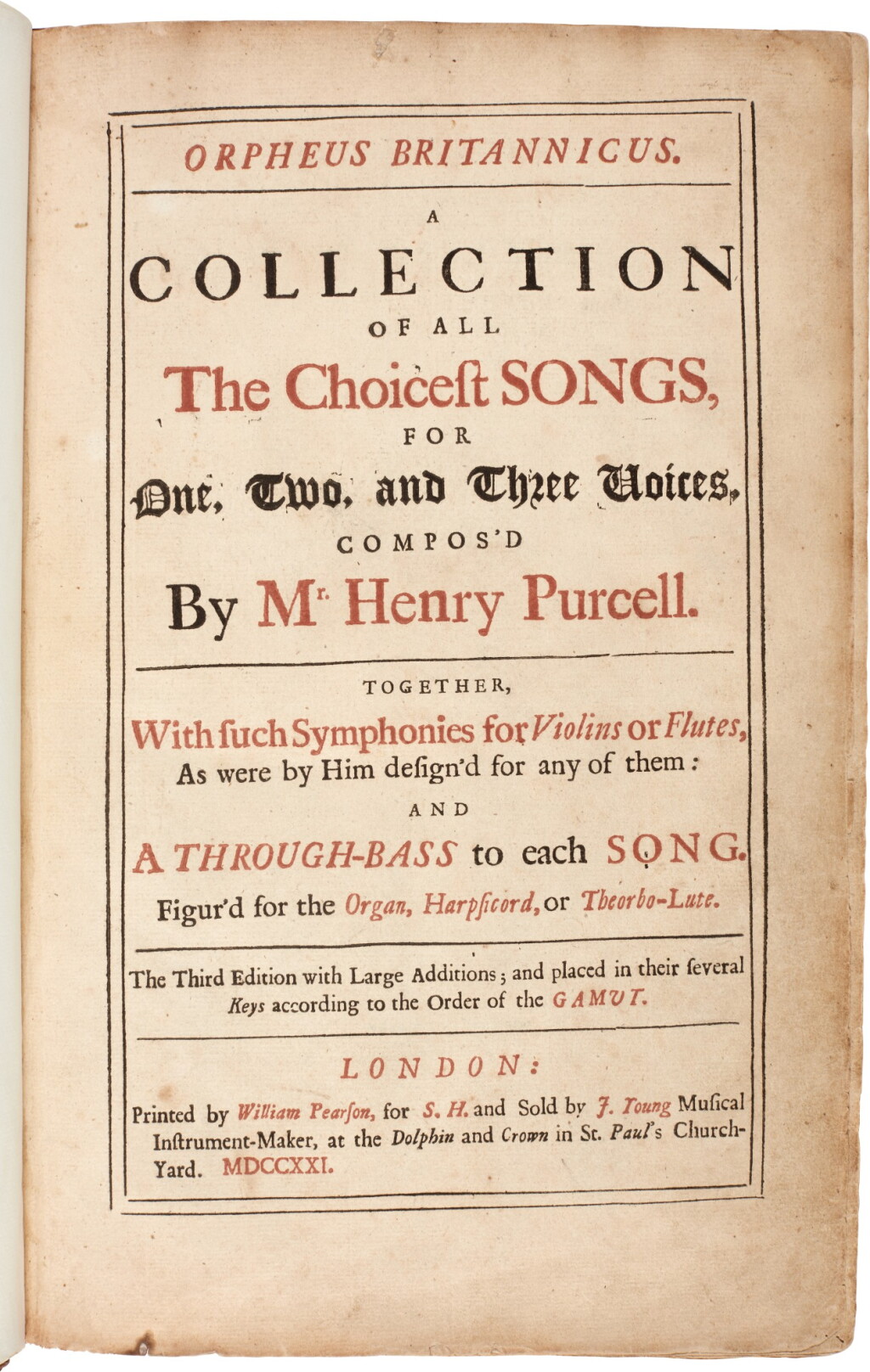 View full screen - View 1 of Lot 93. H. Purcell. Orpheus Britannicus...The Third Edition, 1721.
