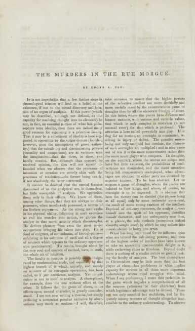View full screen - View 1 of Lot 74. POE, EDGAR ALLAN | The Murders in the Rue Morgue. Graham's Lady's and Gentleman's Magazine, Volume XVIII, Number 4. Philadelphia, April,1841 .