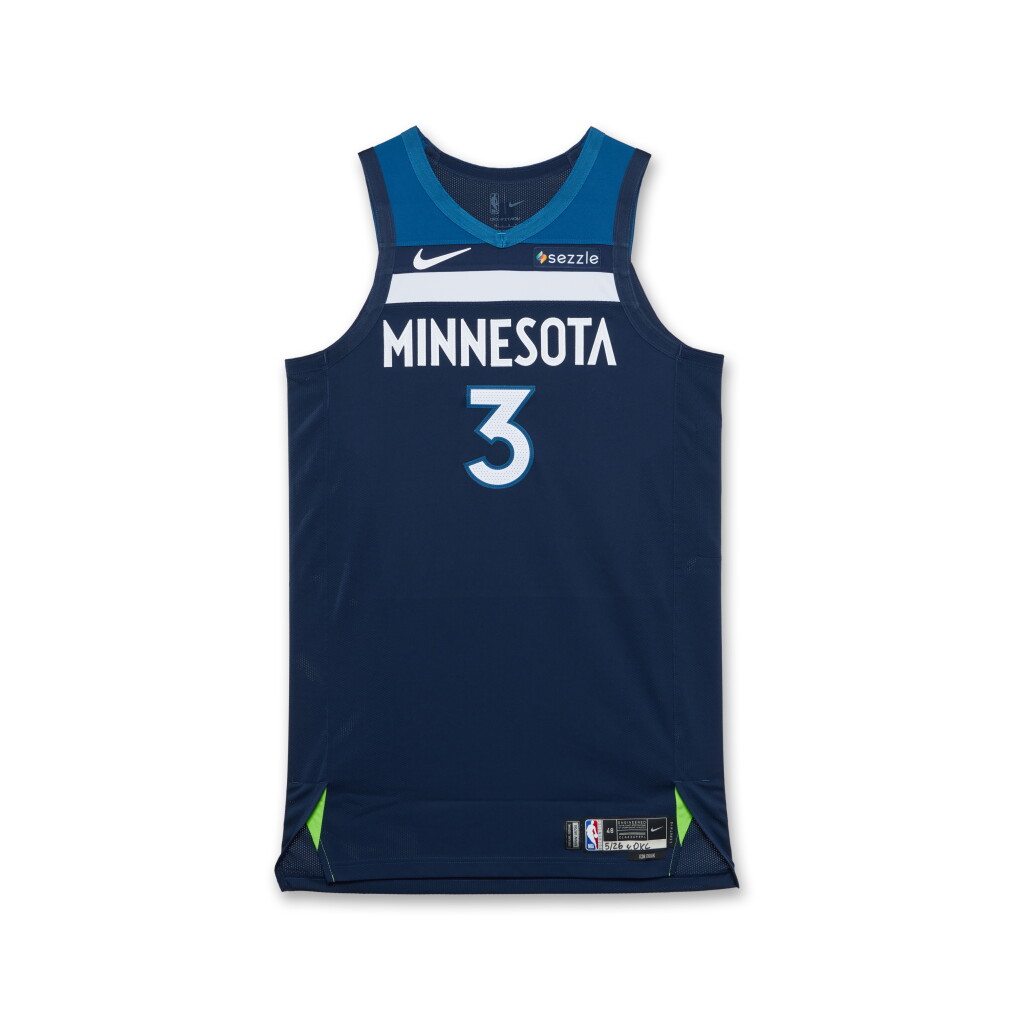 View full screen - View 1 of Lot 69. Jaden McDaniels Minnesota Timberwolves 2025 NBA Playoffs Western Conference Finals Game Worn Icon Edition Jersey | Game 4.