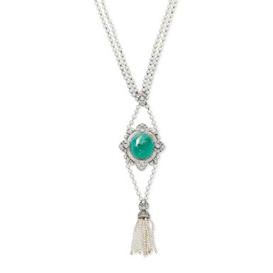 View full screen - View 1 of Lot 742. Emerald, seed pearl and diamond pendent necklace, circa 1910.