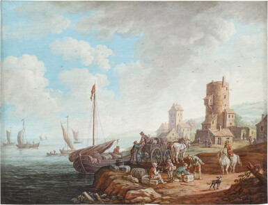 View full screen - View 1 of Lot 230. Villagers unloading a boat near a Tower.