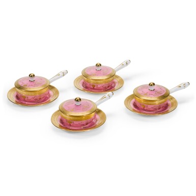 View full screen - View 1 of Lot 9. Four Minton pink ground egg pans, covers and stands, circa 1897.