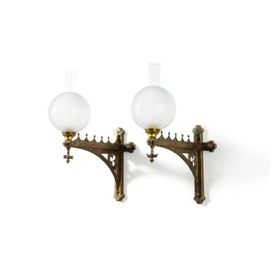 View full screen - View 1 of Lot 608. A pair of neogothical gilt-bronze wall-lights, 19th century | Paire d'appliques en bronze doré de style néogothique, XIXe siècle.