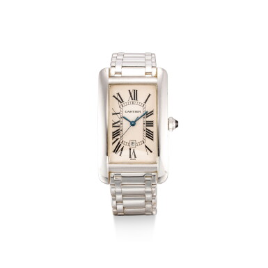 View full screen - View 1 of Lot 363. CARTIER | TANK AMÉRICAINE, REFERENCE 1741, A WHITE GOLD WRISTWATCH WITH DATE AND BRACELET, CIRCA 1990.