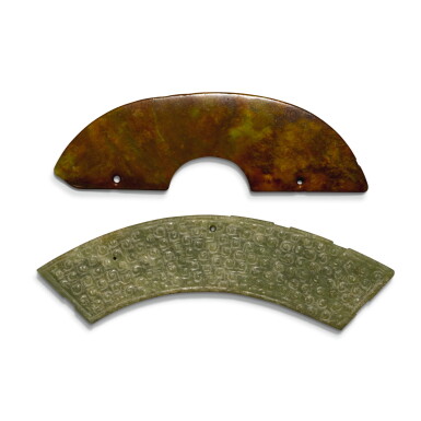 View full screen - View 1 of Lot 101. TWO JADE PENDANTS, HUANG, SHANG DYNASTY - WESTERN ZHOU DYNASTY | 商至西周 玉璜一組兩件.
