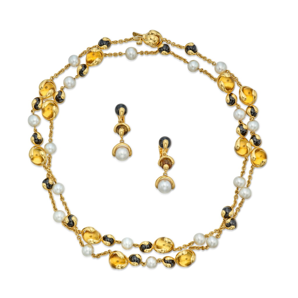 View full screen - View 1 of Lot 89. Citrine, Black Jade, and Cultured Pearl 'Cardan' Necklace and Pair of Earclips.