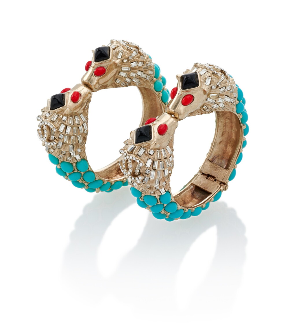 View full screen - View 1 of Lot 111. CHANEL | PAIR OF TURQUOISE, RED AND BLACK GRIPOIX AND RHINESTONE CUFFS.
