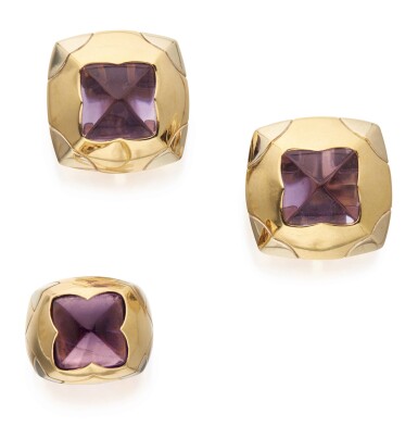 View full screen - View 1 of Lot 309. PAIR OF GOLD AND AMETHYST 'PYRAMID' EARCLIPS AND RING, BULGARI .