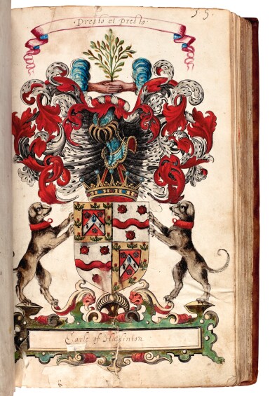 View full screen - View 1 of Lot 74. SCOTLAND HERALDRY | A volume of hand-coloured engravings and drawings of Scottish Arms, 17th century.