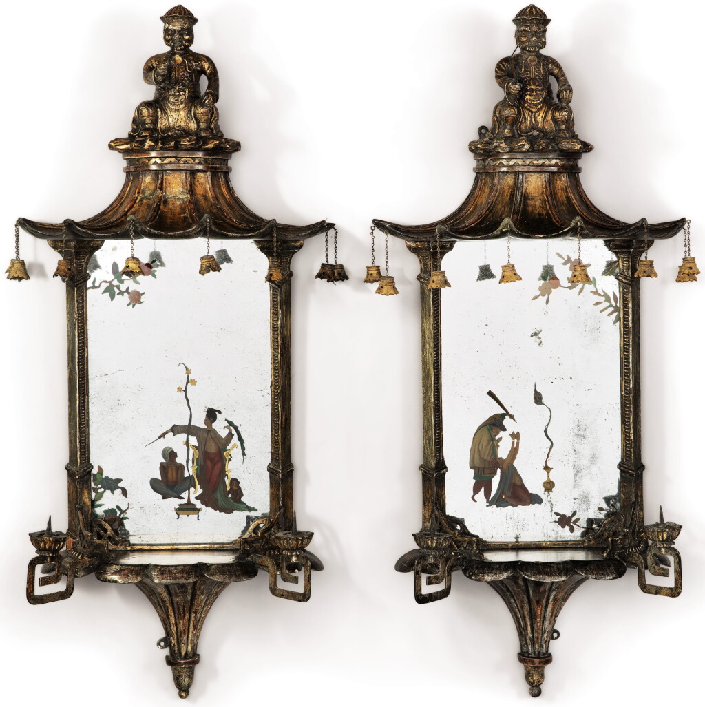 View full screen - View 1 of Lot 125. A PAIR OF REGENCY STYLE GILT AND SILVERED WOOD REVERSE MIRROR-PAINTED TWO-LIGHT GIRANDOLES, EARLY 20TH CENTURY.