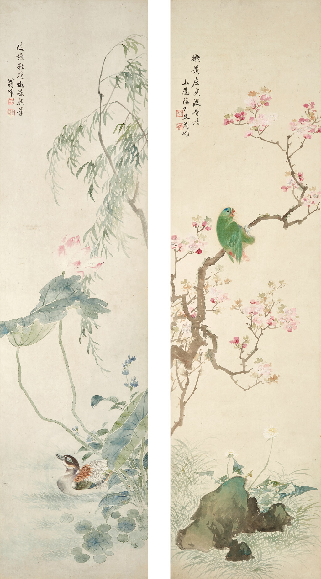 View full screen - View 1 of Lot 6025. 翁雒 陂塘秋色、桃花鸚鵡 | Weng Luo, Lotus and Duck; Blossom and Parrot.