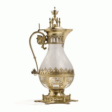 View full screen - View 1 of Lot 332. An Unusual Victorian Silver-Gilt Mounted Glass "Gothic Revival" Wine Jug, Edward Dimes, London, 1894.